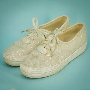 Kate Spade Keds Size 7 Ivory White Triple Glitter Canvas Lace Low Sneakers Shoes
